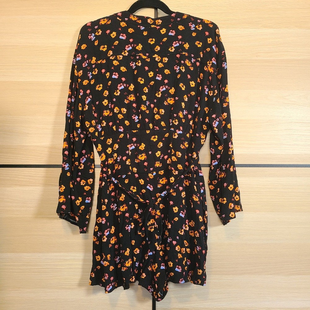 Free People Romper Womens 12 Black Floral Button Front Long Sleeve V-Neck - Picture 7 of 16